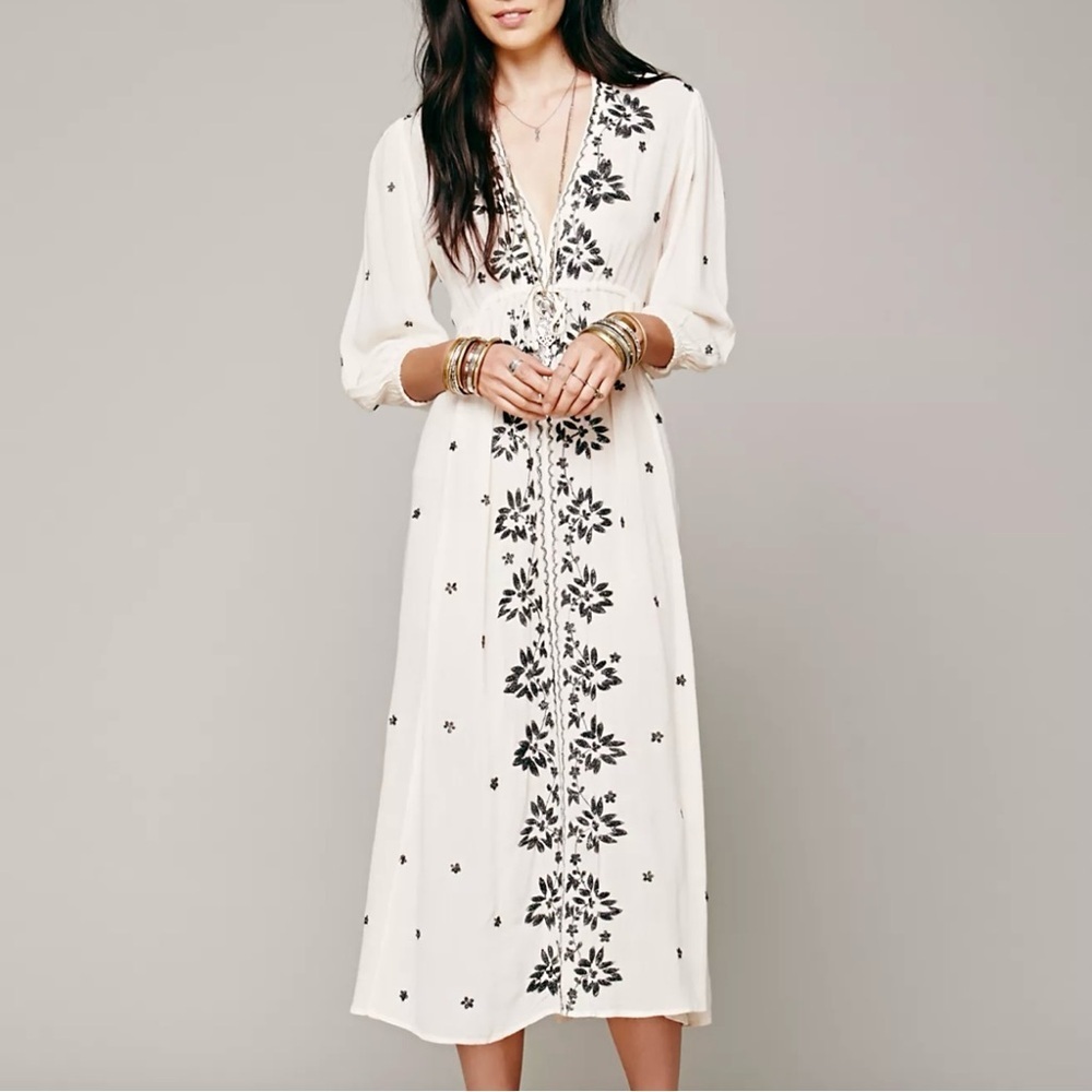 Free People Embroidered Fable Dress Midi White Boho